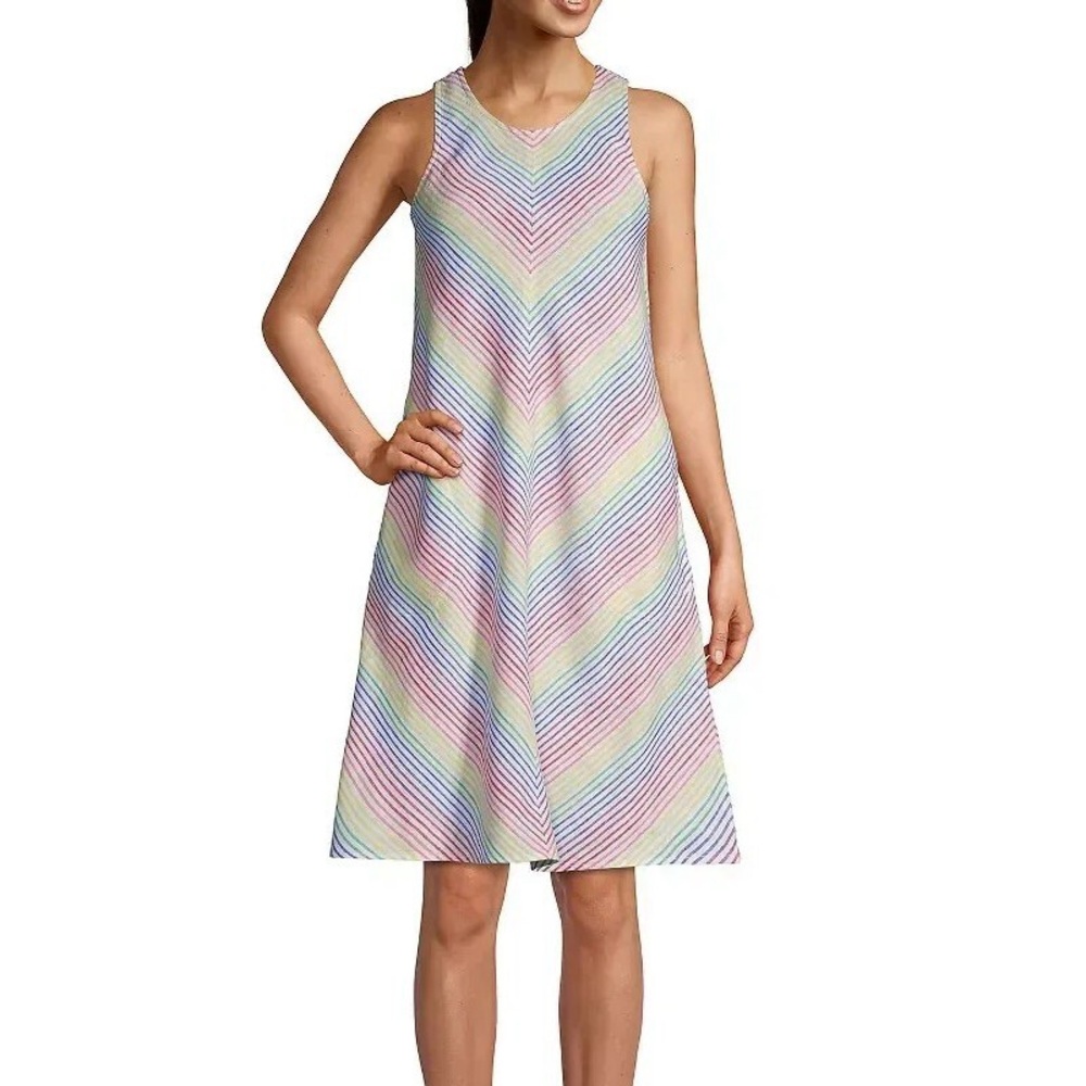 Lands' End Linen Midi Dress A-line Rainbow Stripes Pride Chevron Pockets M 10-12